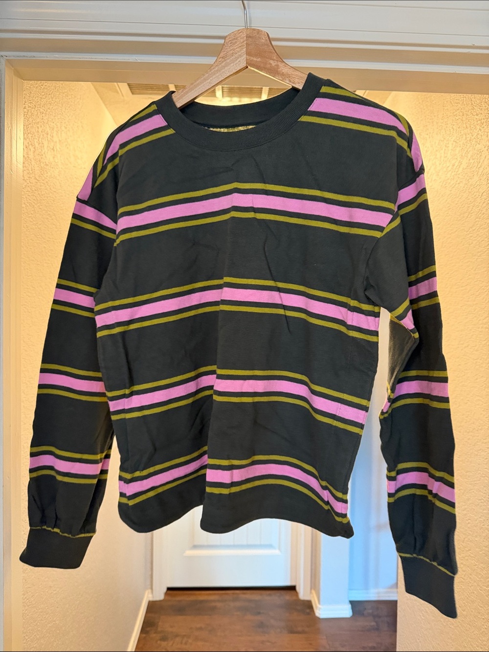 Lands’ End Olive green Striped Long-Sleeve Shirt with Pink & Olive Stripes